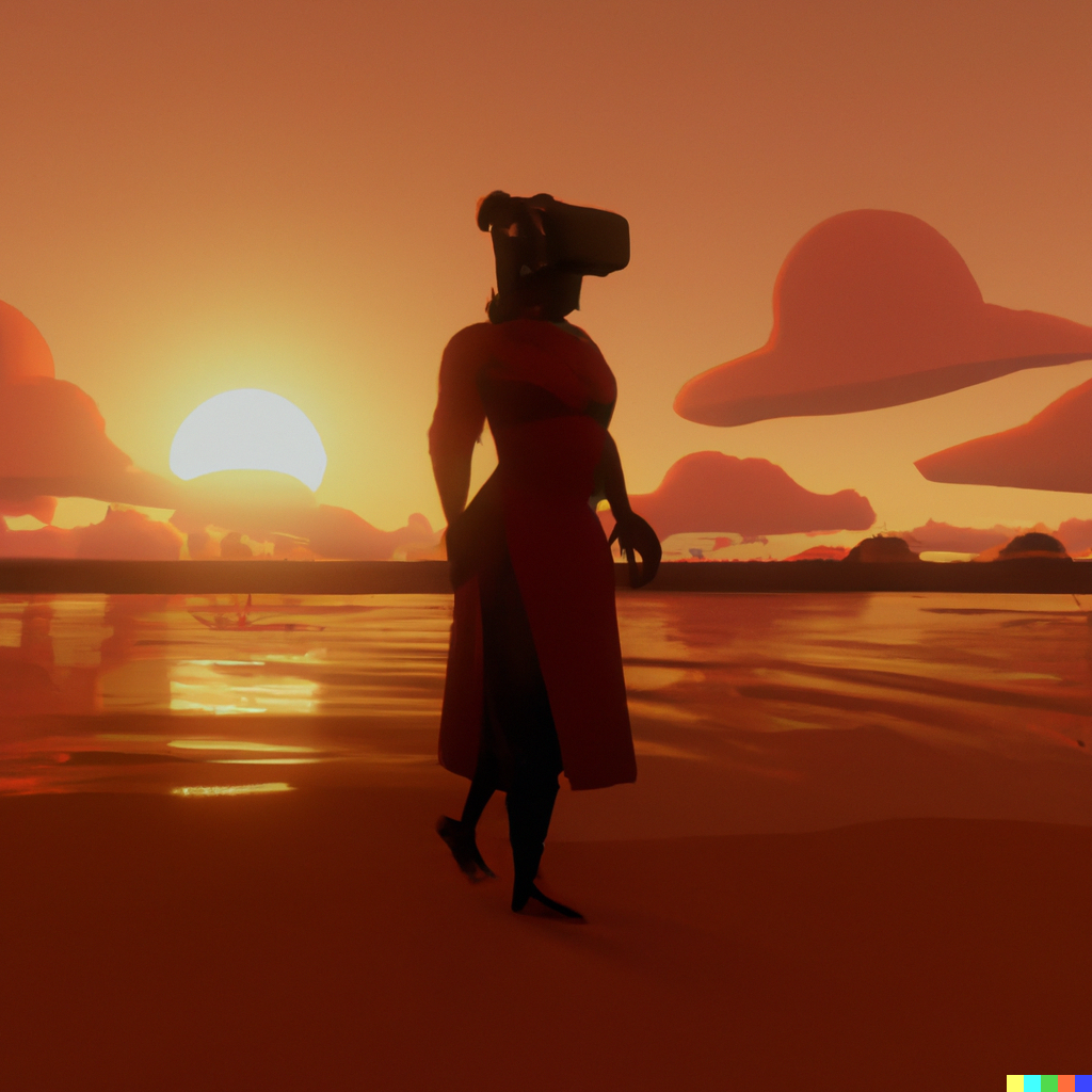 woman with headset on a futurist beach with a orange sunset and UFO in the sky
